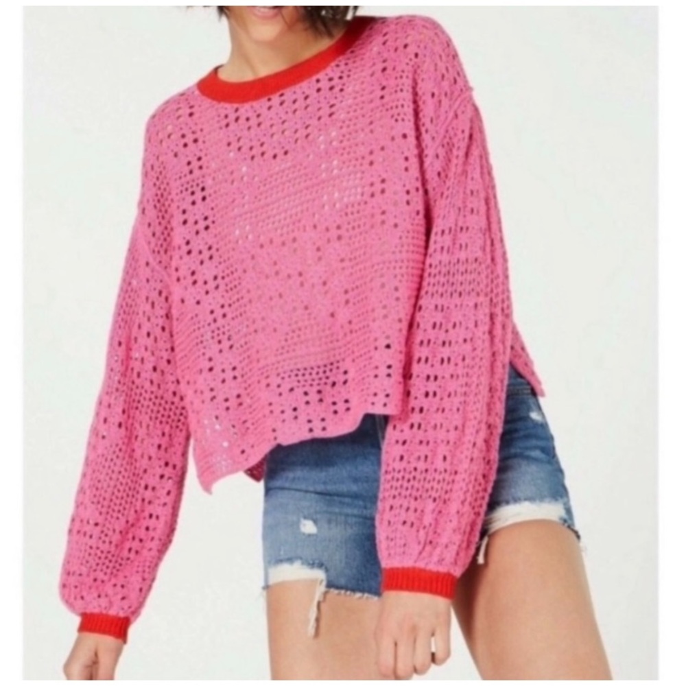 Free People Pink Crochet Crew Neck Sweater
